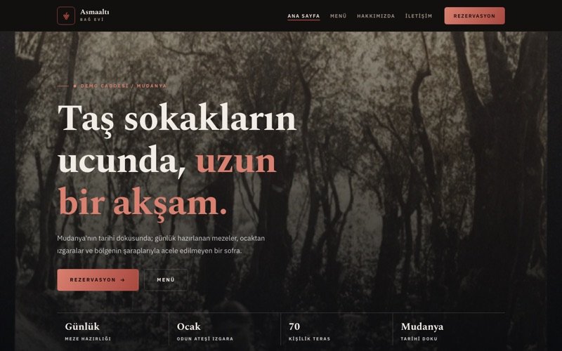 Asmaaltı Bağ Evi hazır web sitesi teması ana sayfa önizlemesi