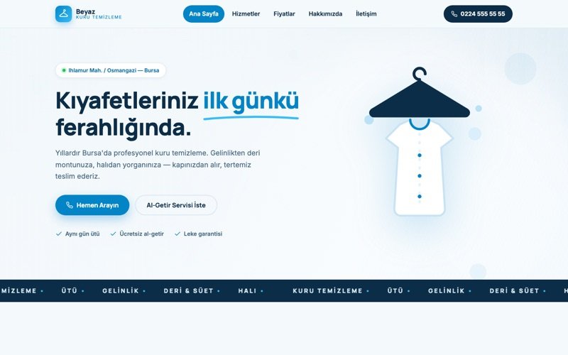 Beyaz Kuru Temizleme hazır web sitesi teması ana sayfa önizlemesi