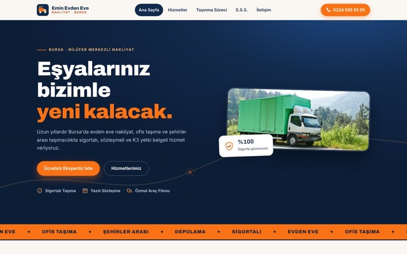 Emin Evden Eve Nakliyat hazır web sitesi teması ana sayfa önizlemesi