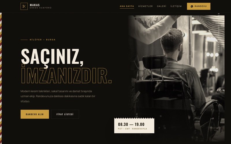 Makas Erkek Kuaförü hazır web sitesi teması ana sayfa önizlemesi