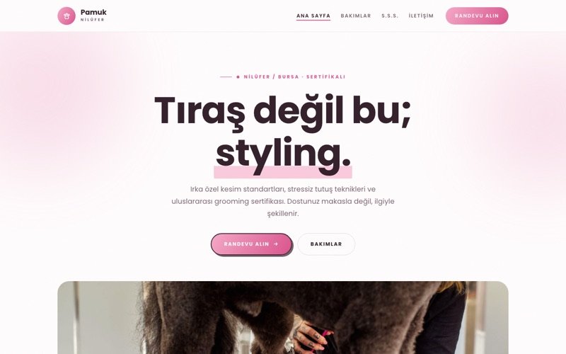 Pamuk Pet Kuaför hazır web sitesi teması ana sayfa önizlemesi