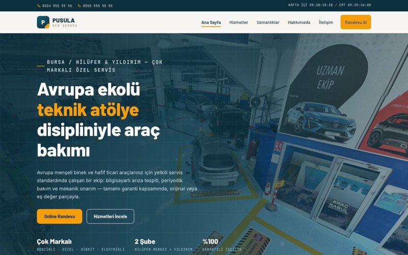 Pusula Oto Servis hazır web sitesi teması ana sayfa önizlemesi