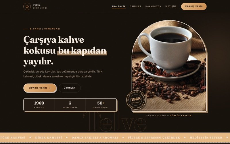 Telve Kurukahvecisi hazır web sitesi teması ana sayfa önizlemesi