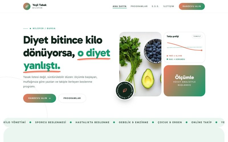 Yeşil Tabak Diyet hazır web sitesi teması ana sayfa önizlemesi