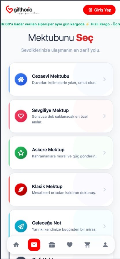Gifthoria mobil uygulama mektup seçim ekranı