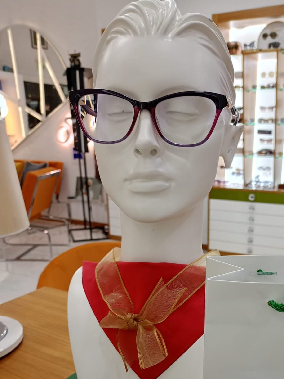 Mağaza içinde numaralı gözlük takılmış beyaz manken büstü ve Netgöz Optik çantası